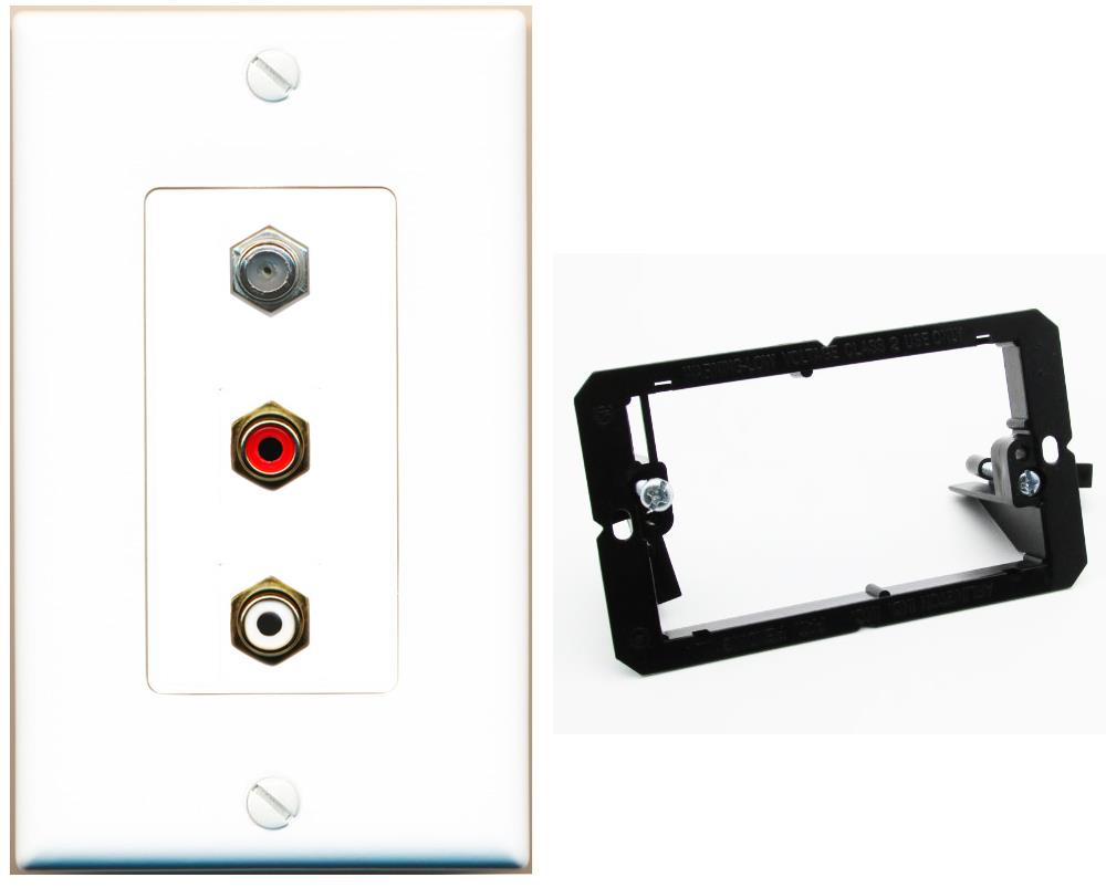RiteAV 1 Port Coax Cable TV Wall Plate with 2 x RCA (Red+White) Jacks - Bracket [White]