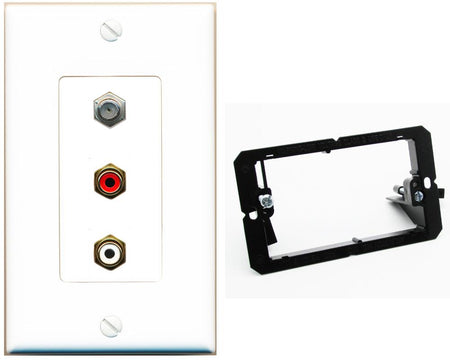 RiteAV 1 Port Coax Cable TV Wall Plate with 2 x RCA (Red+White) Jacks - Bracket [White]
