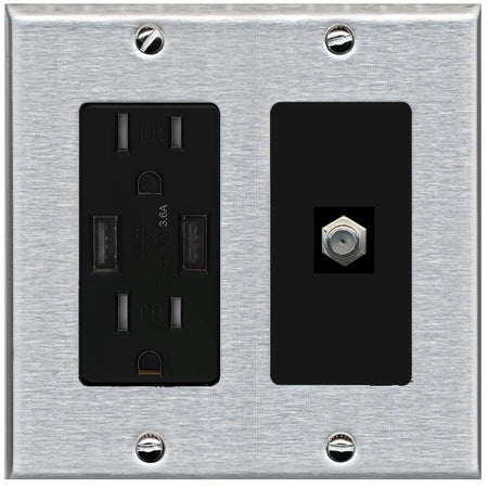 RiteAV 1 Port Coax Cable TV F-Type Wall Plate - USB Charger [Stainless/Black]