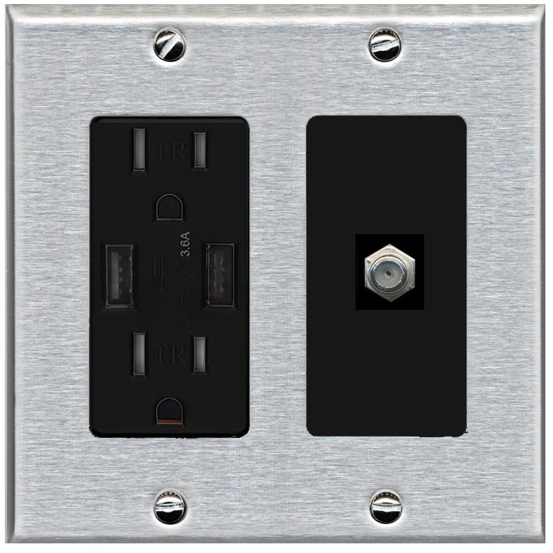 RiteAV 1 Port Coax Cable TV F-Type Wall Plate - USB Charger [Stainless/Black]