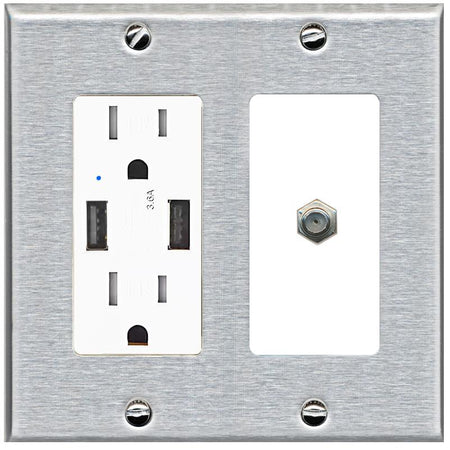RiteAV 1 Port Coax Cable TV F-Type Wall Plate - USB Charger [Stainless/White]