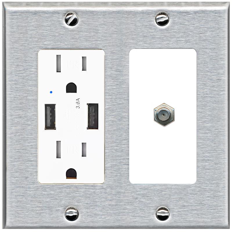 RiteAV 1 Port Coax Cable TV F-Type Wall Plate - USB Charger [Stainless/White]