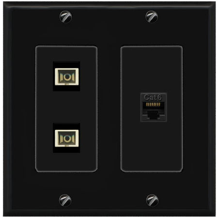 RiteAV 2 Port SC Multimode Simplex 1 Cat6 Jack Wall Plate - 2 Gang [Black/Black]