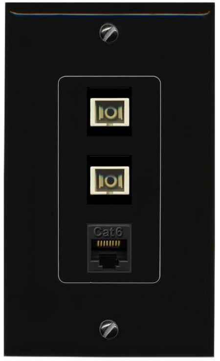 RiteAV 2 Port SC Multimode Simplex 1 Cat6 Jack Wall Plate - 1 Gang [Black/Black]