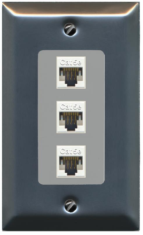 RiteAV 1 Gang Decorative 3 Port Cat5e Wall Plate - 1 Gang [Stainless/Gray]