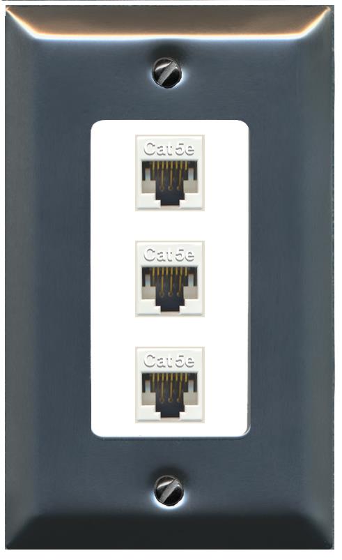 RiteAV 1 Gang Decorative 3 Port Cat5e Wall Plate - 1 Gang [Stainless/White]