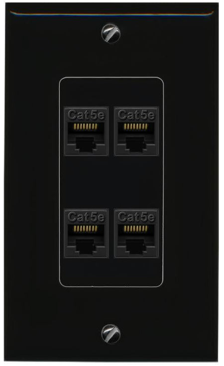 RiteAV 1 Gang Decorative 4 Port Cat5e Wall Plate - 1 Gang [Black/Black]