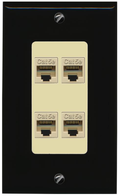 RiteAV 1 Gang Decorative 4 Port Cat5e Wall Plate - 1 Gang [Black/Ivory]