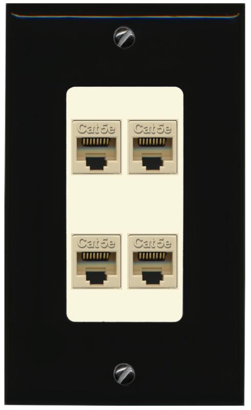 RiteAV 1 Gang Decorative 4 Port Cat5e Wall Plate - 1 Gang [Black/Light-Almond]