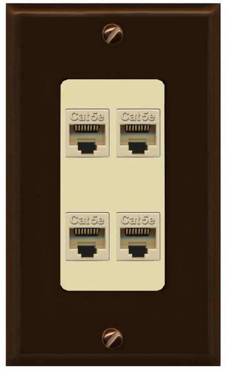 RiteAV 1 Gang Decorative 4 Port Cat5e Wall Plate - 1 Gang [Brown/Ivory]
