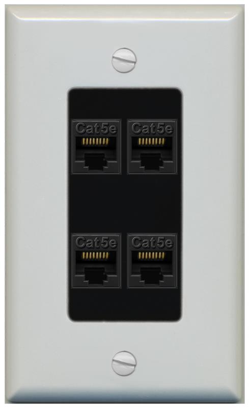 RiteAV 1 Gang Decorative 4 Port Cat5e Wall Plate - 1 Gang [Gray/Black]