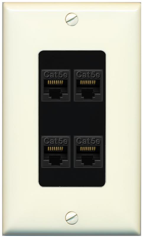 RiteAV 1 Gang Decorative 4 Port Cat5e Wall Plate - 1 Gang [Light-Almond/Black]