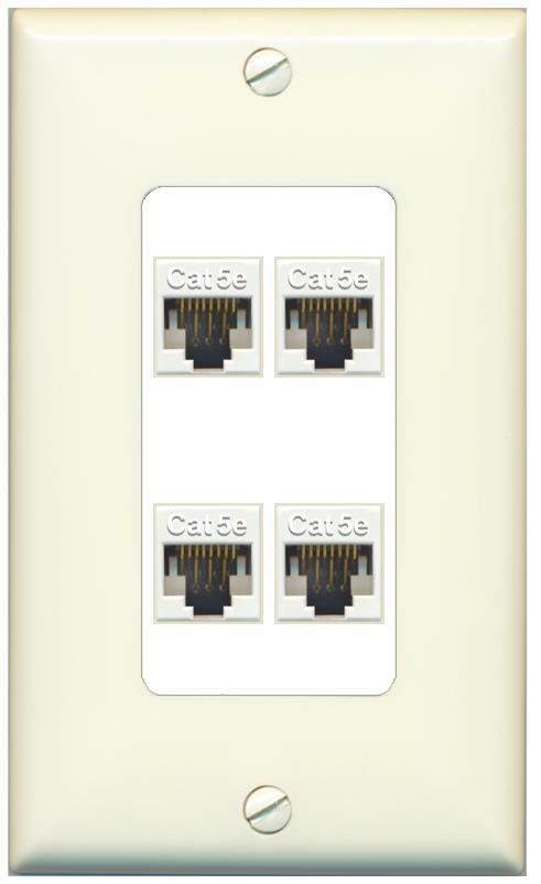 RiteAV 1 Gang Decorative 4 Port Cat5e Wall Plate - 1 Gang [Light-Almond/White]