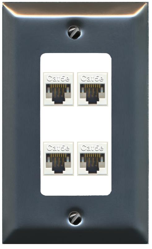 RiteAV 1 Gang Decorative 4 Port Cat5e Wall Plate - 1 Gang [Brushed-Nickel/White]