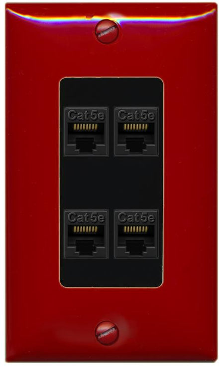 RiteAV 1 Gang Decorative 4 Port Cat5e Wall Plate - 1 Gang [Red/Black]