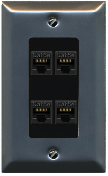 RiteAV 1 Gang Decorative 4 Port Cat5e Wall Plate - 1 Gang [Stainless/Black]