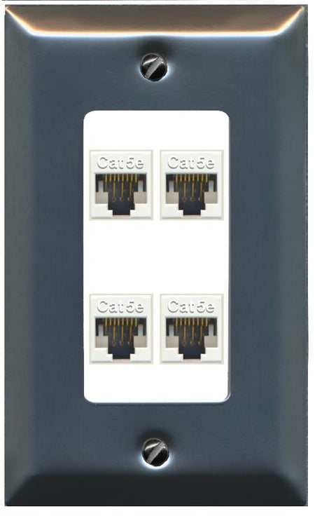 RiteAV 1 Gang Decorative 4 Port Cat5e Wall Plate - 1 Gang [Stainless/White]
