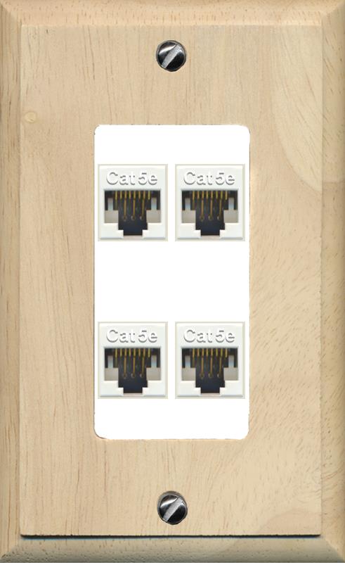 RiteAV 1 Gang Decorative 4 Port Cat5e Wall Plate - 1 Gang [Wood/White]