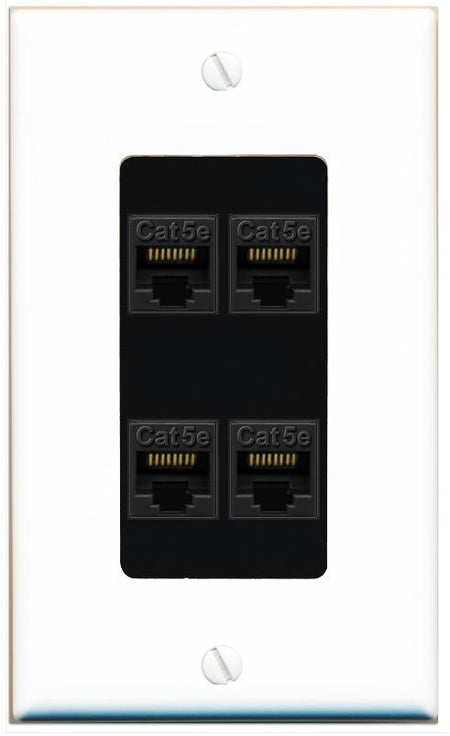 RiteAV 1 Gang Decorative 4 Port Cat5e Wall Plate - 1 Gang [White/Black]