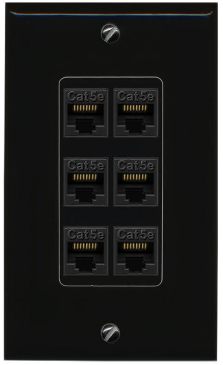 RiteAV 1 Gang Decorative 6 Port Cat5e Wall Plate - 1 Gang [Black/Black]