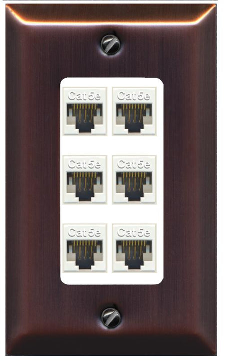RiteAV 1 Gang Decorative 6 Port Cat5e Wall Plate - 1 Gang [Brushed-Copper/White]