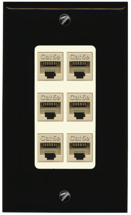 RiteAV 1 Gang Decorative 6 Port Cat5e Wall Plate - 1 Gang [Black/Light-Almond]