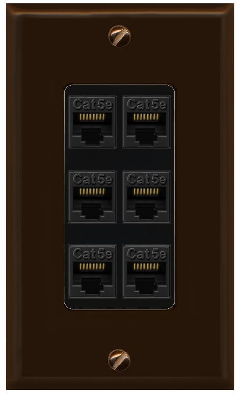 RiteAV 1 Gang Decorative 6 Port Cat5e Wall Plate - 1 Gang [Brown/Black]