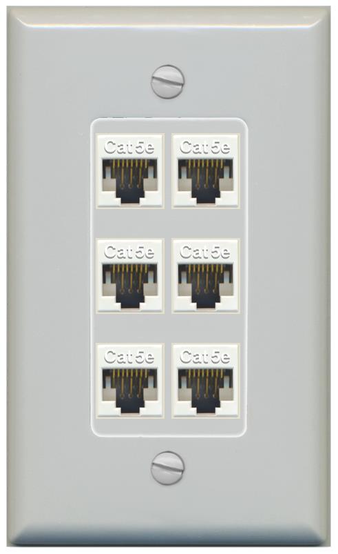 RiteAV 1 Gang Decorative 6 Port Cat5e Wall Plate - 1 Gang [Gray/Gray]