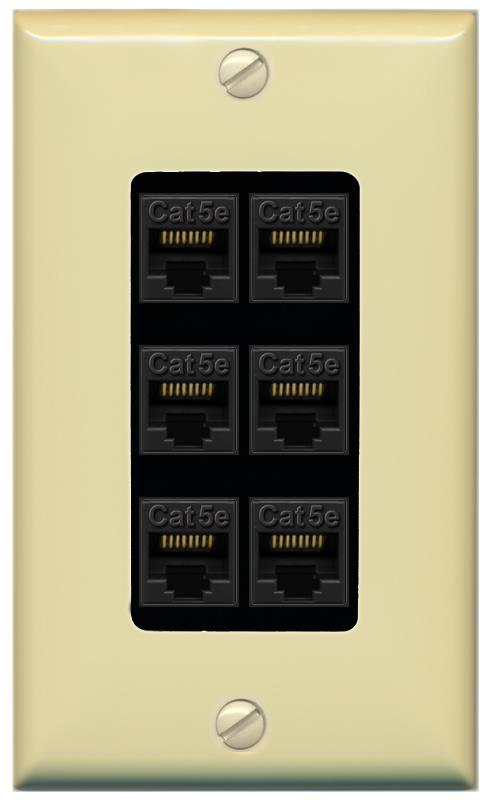 RiteAV 1 Gang Decorative 6 Port Cat5e Wall Plate - 1 Gang [Ivory/Black]