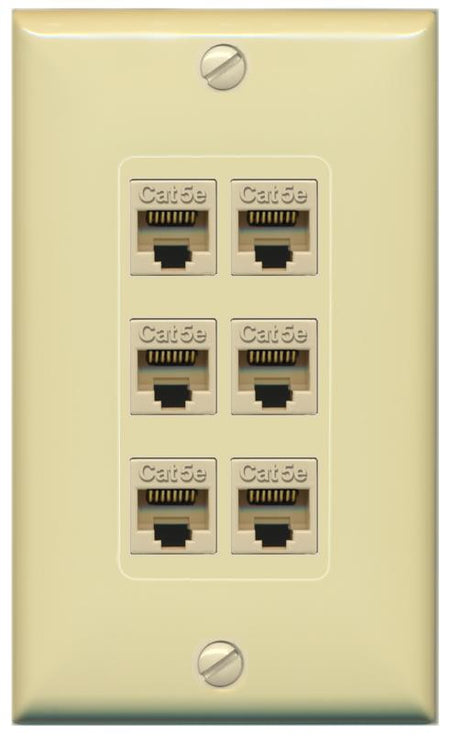 RiteAV 1 Gang Decorative 6 Port Cat5e Wall Plate - 1 Gang [Ivory/Ivory]