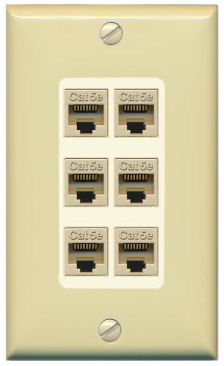 RiteAV 1 Gang Decorative 6 Port Cat5e Wall Plate - 1 Gang [Ivory/Light-Almond]