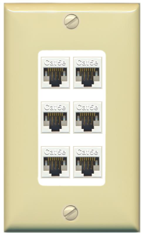RiteAV 1 Gang Decorative 6 Port Cat5e Wall Plate - 1 Gang [Ivory/White]