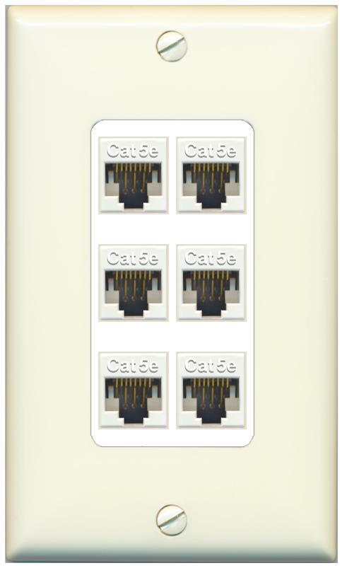 RiteAV 1 Gang Decorative 6 Port Cat5e Wall Plate - 1 Gang [Light-Almond/White]