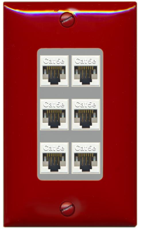 RiteAV 1 Gang Decorative 6 Port Cat5e Wall Plate - 1 Gang [Red/Gray]
