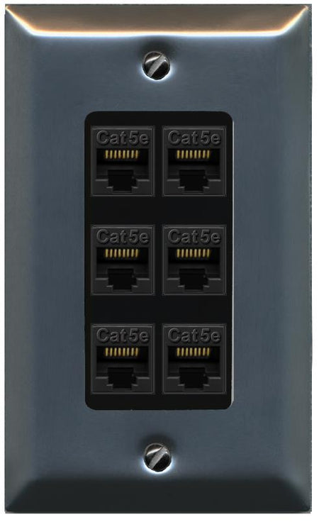 RiteAV 1 Gang Decorative 6 Port Cat5e Wall Plate - 1 Gang [Stainless/Black]