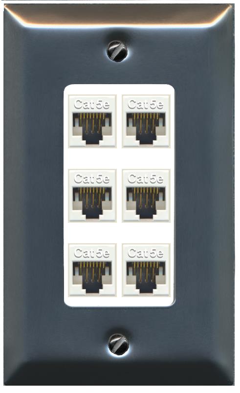 RiteAV 1 Gang Decorative 6 Port Cat5e Wall Plate - 1 Gang [Stainless/White]