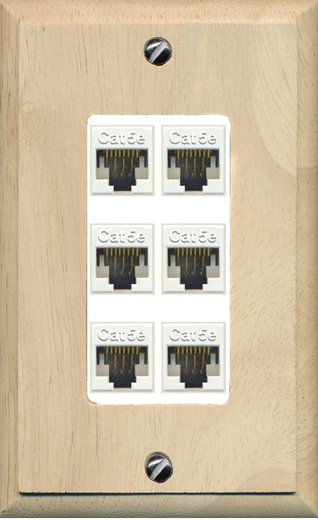 RiteAV 1 Gang Decorative 6 Port Cat5e Wall Plate - 1 Gang [Wood/White]