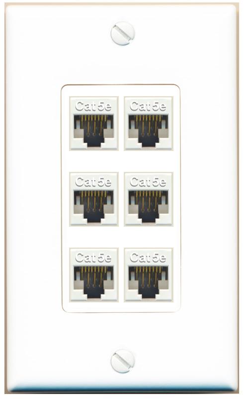 RiteAV 1 Gang Decorative 6 Port Cat5e Wall Plate - 1 Gang [White]