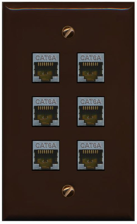 RiteAV - (1 Gang Flat) 6 Port Cat6a Ethernet Shielded Wall Plate - Flat [Brown/Brown]