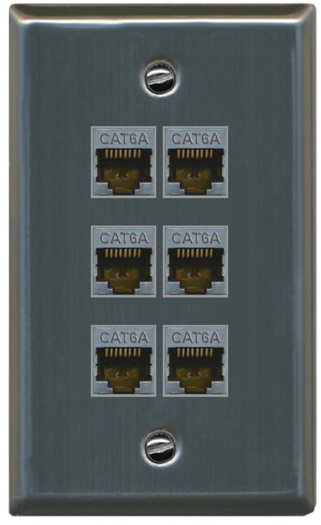 RiteAV - (1 Gang Flat) 6 Port Cat6a Ethernet Shielded Wall Plate - Flat [Stainless Steel]