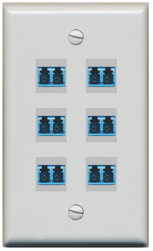 RiteAV 6 Port LC Fiber Optic Singlemode Duplex Wall Plate - Flat Style [Gray/Gray]