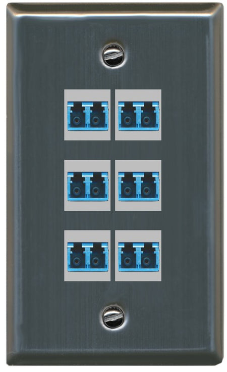 RiteAV 6 Port LC Fiber Optic Singlemode Duplex Wall Plate - Flat Style [Stainless Steel]