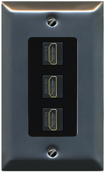 RiteAV - 3 Port HDMI 2.0 Decorative Wall Plate - 1 Gang [Stainless/Black]