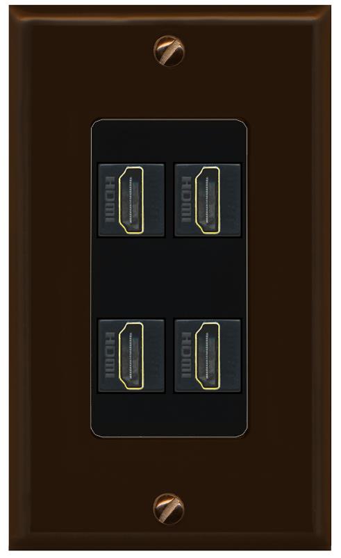 RiteAV - 4 Port HDMI 2.0 Decorative Wall Plate - 1 Gang [Brown/Black]