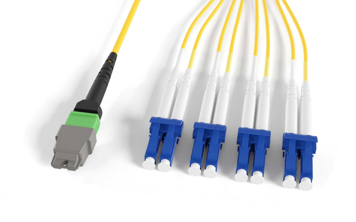 RiteAV OS2 9/125Ã‚Â MTP Female to LCx4 Duplex Singlemode 8 Fibers OFNP Breakout Optic Cable Type B, Yellow 1M