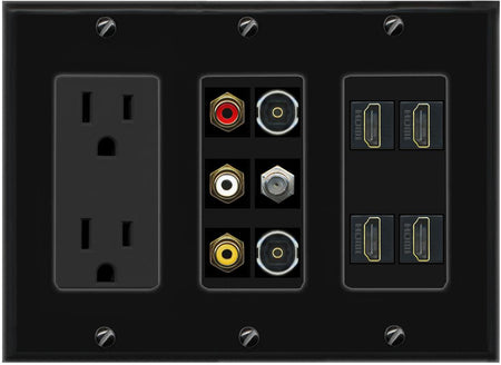 Power Outlet 4xHDMI 3 Gang Rca Composite (Red-White-Yellow) 2 Toslink Coax Wall Plate Black