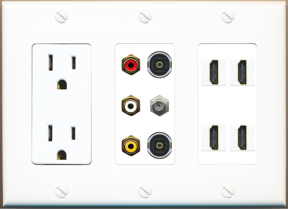 Power Outlet 4xHDMI 3 Gang Rca Composite (Red-White-Yellow) 2 Toslink Coax Wall Plate White