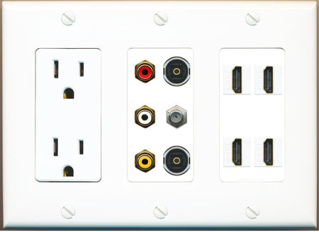 Power Outlet 4xHDMI 3 Gang Rca Composite (Red-White-Yellow) 2 Toslink Coax Wall Plate White
