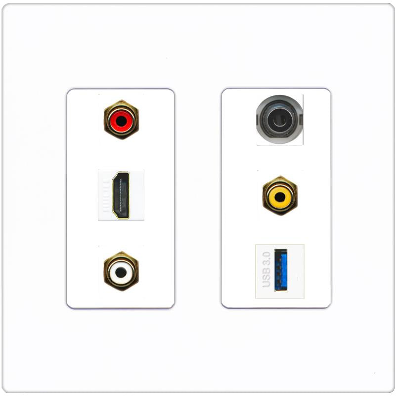 RiteAV 3xRCA Composite HDMI 3.5mm USB 3.0 Wall Plate - 2 Gang [Screwless White]