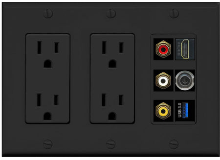 RiteAV 3xRCA Composite HDMI 3.5mm USB 3.0 Wall Plate - 2 Outlet [Black/Black]
